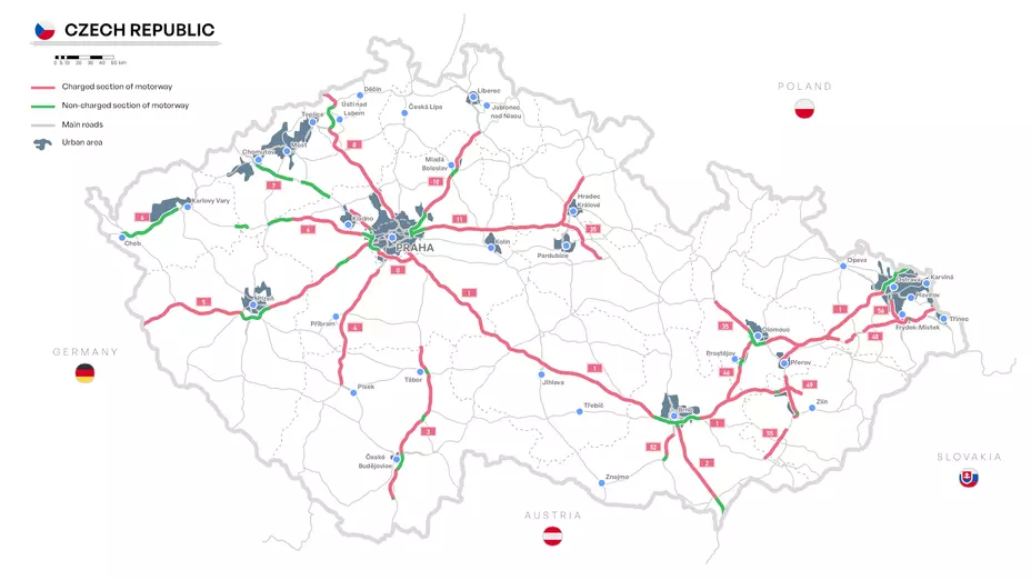 Harta drumurilor cu taxă din Cehia care arată toate autostrăzile ce necesită vinietă electronică