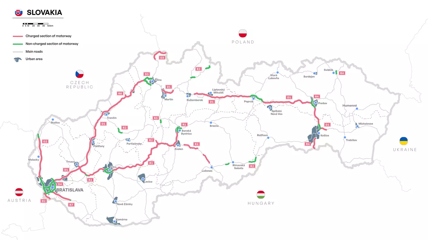 Szlovákiai díjköteles utak térképe – autópályák és gyorsforgalmi utak (2026)